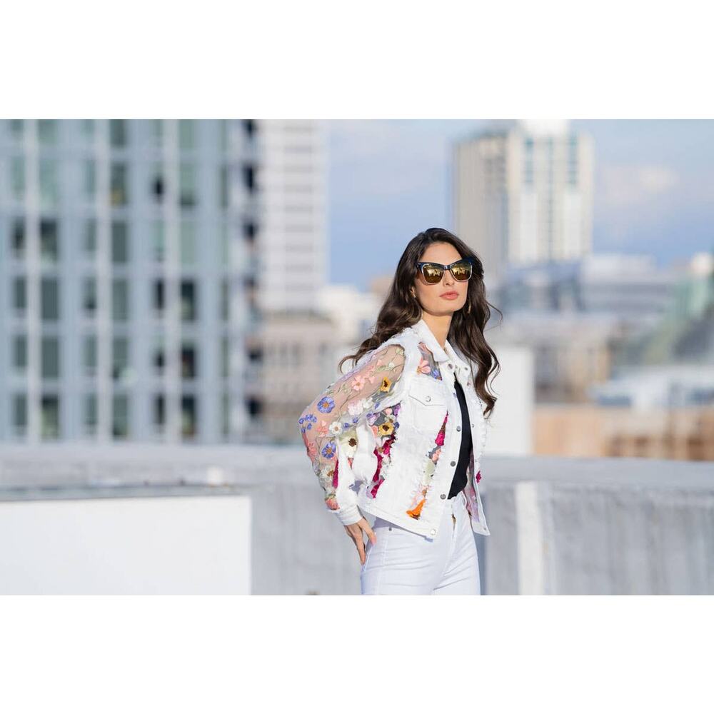White Denim Jacket with Floral Embroidery - Picture 6 of 6